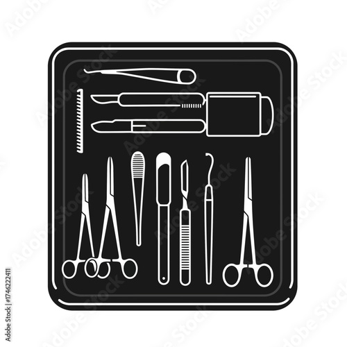 A black tray containing an assortment of white surgical instruments arranged in a neat and organized manner on transparent background