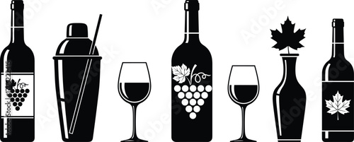 Wine bottle and drinkware silhouette vector set with grapevine and maple leaf motifs for beverage, bar, and decorative design use