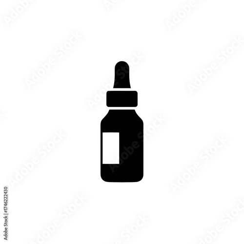 A simple black and white illustration of a dropper bottle with a label on a plain white background view on transparent background