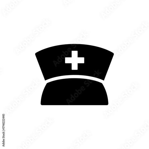 A black and white nurse hat with a white cross in the center on a white background in a simple design on transparent background