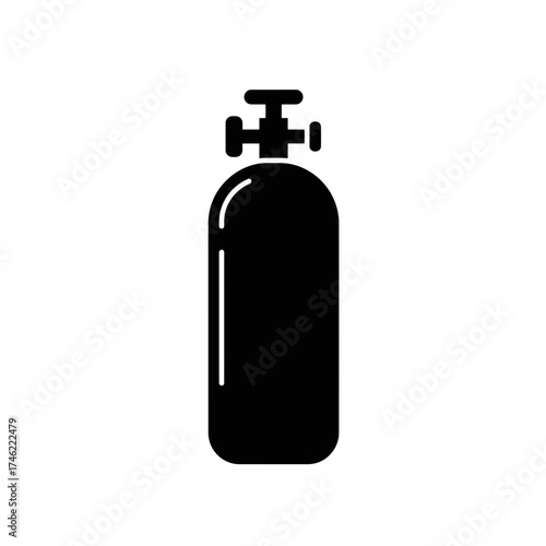 A black and white illustration of a gas cylinder with a valve on top isolated on a white background on transparent background