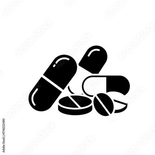 Illustration of assorted pills and capsules in black and white color scheme for medical use concept on transparent background