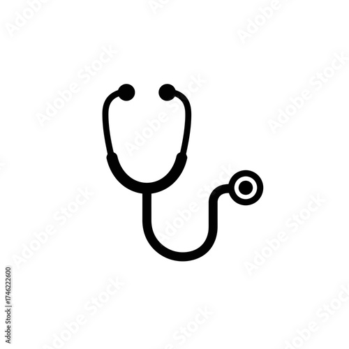 A simple black and white illustration of a stethoscope with earpieces and chest piece design element on transparent background