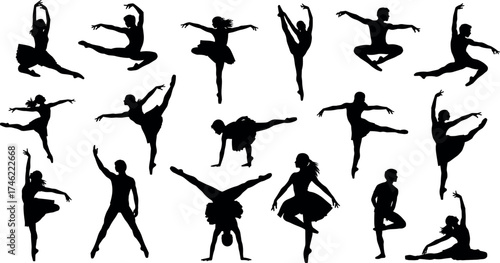 Silhouetted dancers in expressive poses, ballet and contemporary movement, graceful choreography, dance art, flexibility, performance, motion, artistic inspiration