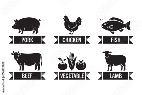 Meat and vegetable vector labels for food packaging and restaurant branding design