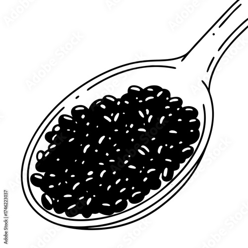 Chia seeds in spoon. Black sesame seeds in a spoon on a white background  