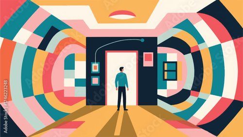 Illustration Of Person Standing In A Room That Is Rapidly Changing Its Aesthetic Based On Their Scrolling Vector Design Template