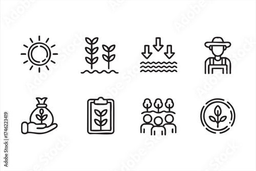 Organic agriculture icons featuring farmer, plants, and eco development design