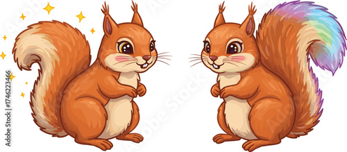 Cartoon squirrels, rainbow tail, vector illustration, cute animals, playful design, children’s art, bushy tail, colorful character, cad drawing flat vector illustration
