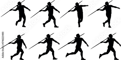 Silhouetted javelin throw sequence, athletic motion illustration, track and field technique, dynamic sports poses, strength training, performance guide