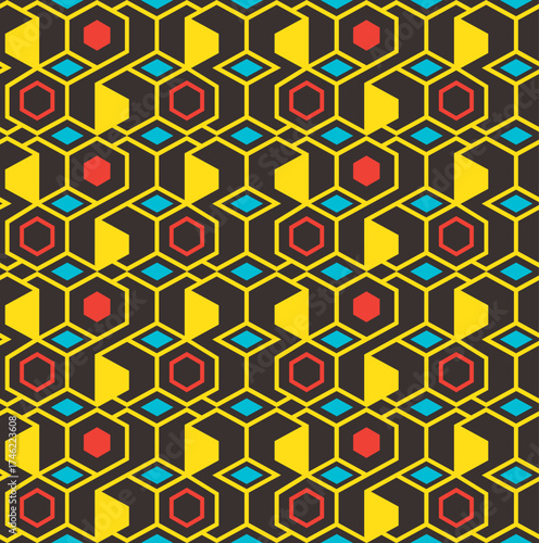Abstract seamless geometric pattern with hexagon and diamond shapes in retro pop art style. Vector illustration