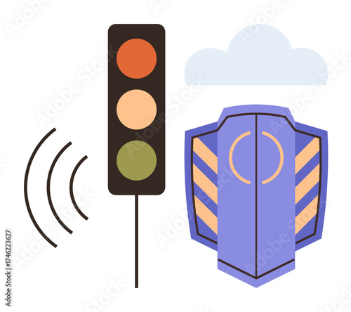 Traffic light with red, orange, and green signals, safety shield, sound waves, and cloud. Ideal for safety, traffic rules communication technology smart city signals awareness. Simple flat