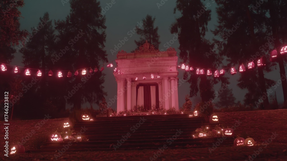 Obraz premium Spooky Halloween Scene with Jack-o'-Lanterns and Foggy Atmosphere