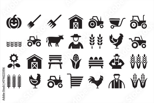 Agriculture vector icon set — tractors, cows, barns, and crops for farm design