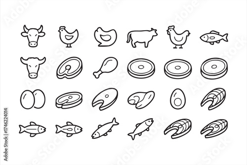 Meat and seafood outline vector illustrations for organic food and nutrition concepts