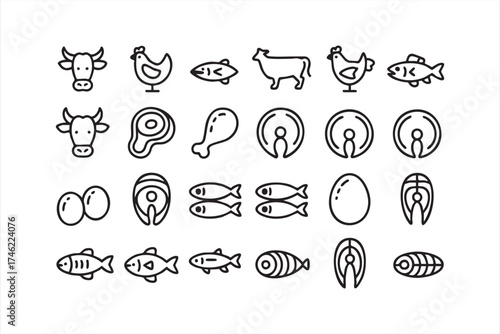 Protein food icon set — animal products vector for packaging and grocery marketing