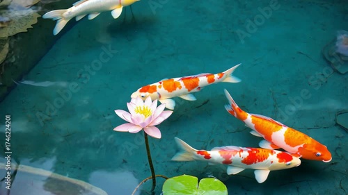 Serene Koi Fish Swimming Gracefully Near Pink Lotus Flower Tranquil Pond Water Reflections