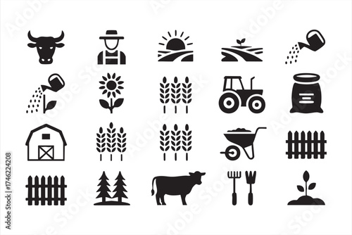 Agriculture and farm vector icons — tractor, cow, and crop symbols for eco branding