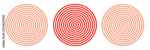 Red concentric ripple circles set. Sonar or sound wave rings collection. Epicentre, target, radar icon concept. Radial signal or vibration elements. Halftone vector illustration