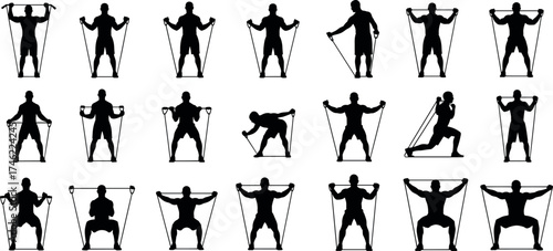 Silhouetted resistance band exercises, full-body workout poses, fitness training illustration, strength movement guide, home gym routine, exercise chart