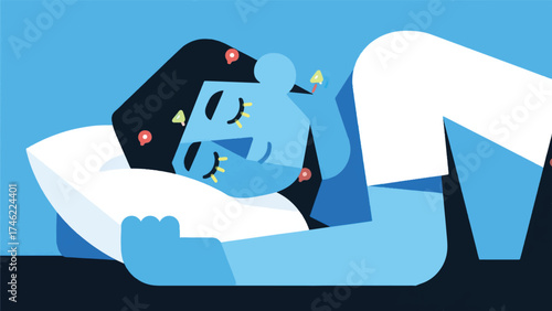 Illustration Of Person Trying To Nap, But Their Eyelids Are Pinned Open By Tiny, Glowing Notification Icons Vector Design Template