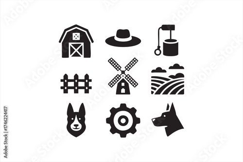 Agriculture vector icon set with barn, animals, and rural landscape elements