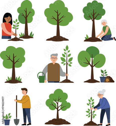 People planting trees together cultivating nature community growth and environmental care scenes isolated on transparent background