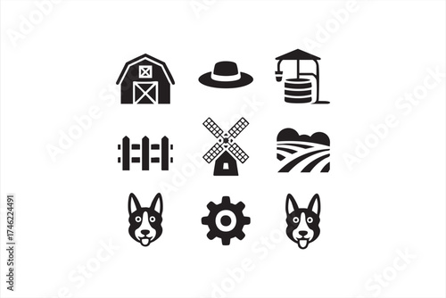 Farm tools and animal symbols — black vector design for agriculture branding