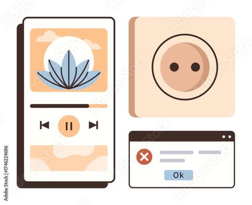 Media player with nature theme, circular abstract art, and browser error notification. Ideal for technology, UX design, creativity, communication, digital art, modern apps simple flat metaphor