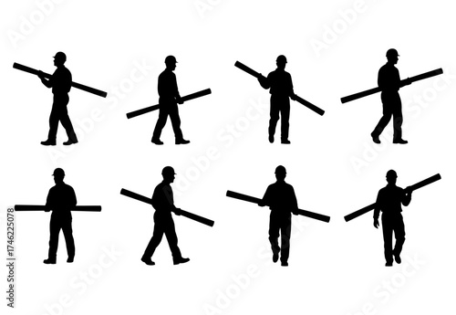 Construction worker carrying pole silhouette set