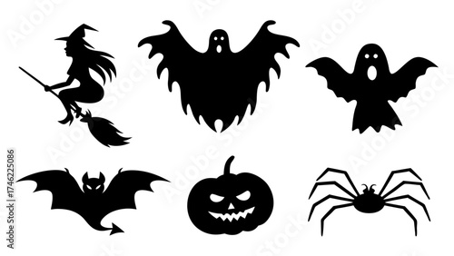 Set of Halloween silhouette collection elements on tranparent background