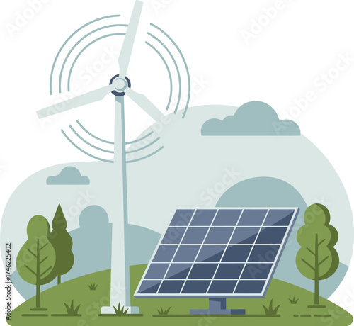 Sustainable energy scene with wind turbine and solar panel providing green power isolated on transparent background