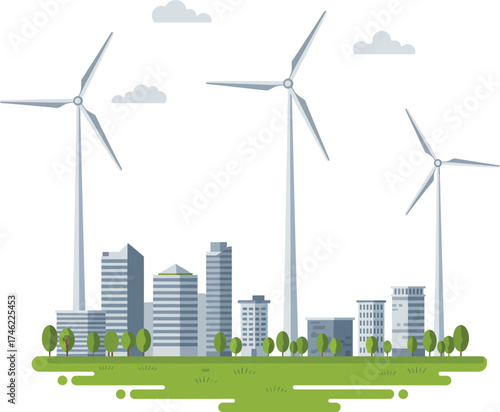 Sustainable cityscape with wind turbines promoting renewable energy and green environment isolated on transparent background