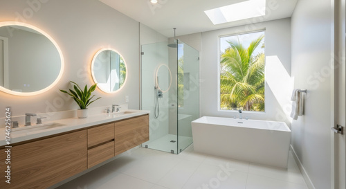 Modern Luxury Ensuite Bathroom With Skylight and Tropical View