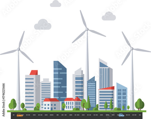 Sustainable cityscape featuring modern buildings and wind turbines powering a green future isolated on transparent background