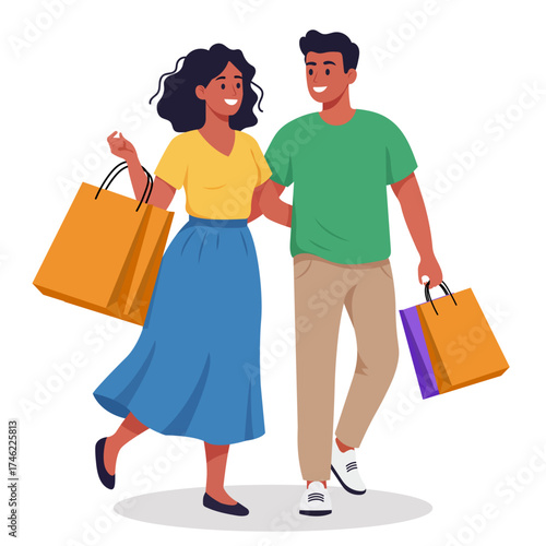 Shopping couple characters with shopping bags for retail, fashion, and online sale promotion. Modern couple carrying shopping bags together, symbolizing joy of shopping and perfect for ecommerce.