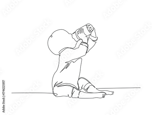 Baby drink milk using bottle in single line draw illustration. Continuous one line drawing of baby drink milk using bottle .Editable stroke.
