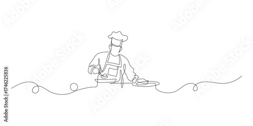 Continuous one line drawing chef preparing food illustration
