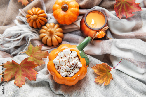 Wallpaper Mural Pumpkin mug of hot chocolate with marshmallows cozy autumn scene Torontodigital.ca