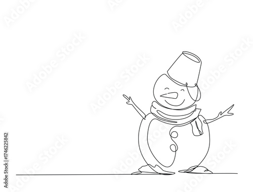 Melting Snowman in single line draw illustration. Continuous one line drawing of melting winter snowman. Editable stroke.