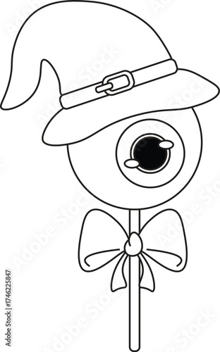 Vector illustration of a cute eyeball lollipop wearing a witch hat and bow, perfect for Halloween-themed designs.