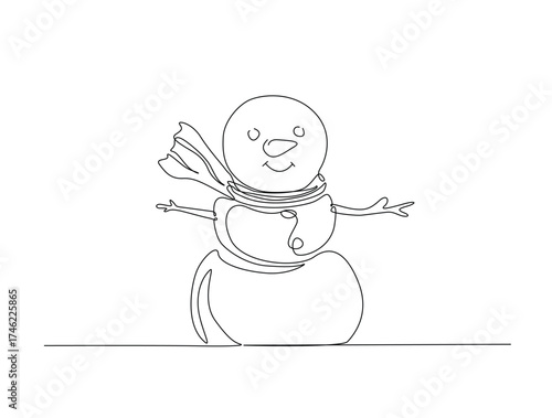 Melting Snowman in single line draw illustration. Continuous one line drawing of melting winter snowman. Editable stroke.