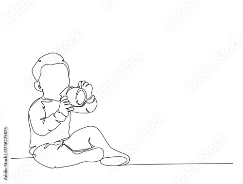 Baby drink milk using bottle in single line draw illustration. Continuous one line drawing of baby drink milk using bottle .Editable stroke.