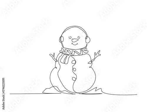 Melting Snowman in single line draw illustration. Continuous one line drawing of melting winter snowman. Editable stroke.