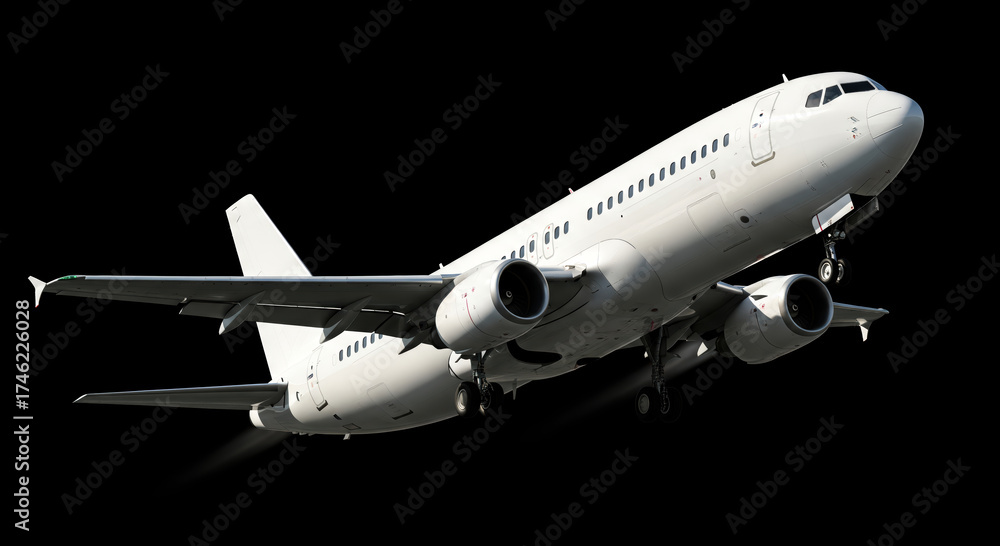 Obraz premium Commercial passenger jet airplane isolated on black background for easy use. White aircraft taking off for travel, vacation journey or business flight, transport concept.