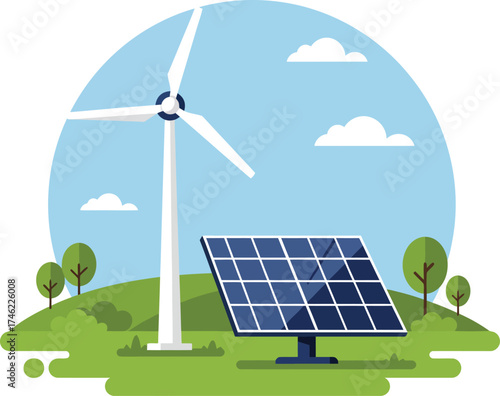 Renewable energy landscape with wind turbine and solar panels generating clean power for sustainable future isolated on transparent background