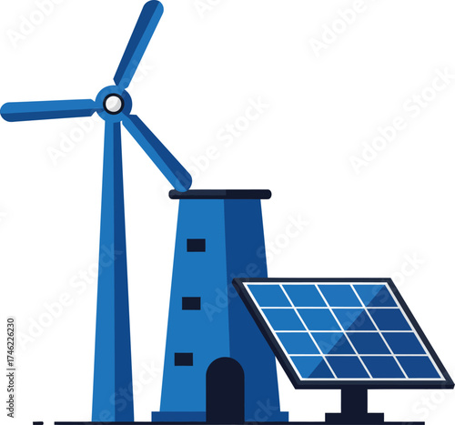 Modern renewable energy sources solar panel and wind turbine power generation concept isolated on transparent background