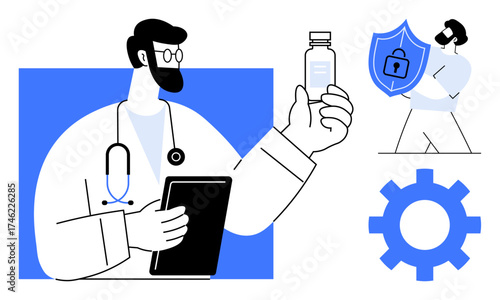 Doctor holding vial and tablet, man with shield emphasizing data security, gear for technology concept. Ideal for healthcare, cybersecurity, digital transformation, innovation, research, medical