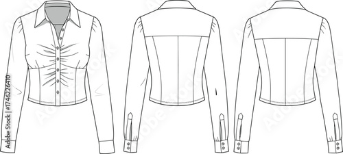Women’s shirt, long sleeve, button up, cropped length, tailored fit, fashion flat sketch, apparel vector, garment template, sewing pattern, CAD drawing