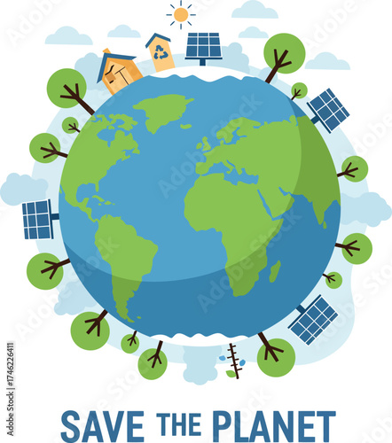 Sustainable earth ecosystem with renewable energy and green technology isolated on transparent background